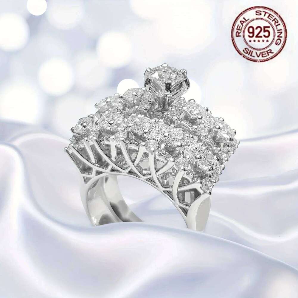 Luxury Plated Hollow Design Sparkling Zircon Women's 925 Sterling Silver Wedding Banquet Ring Set Fine Jewelry H260312