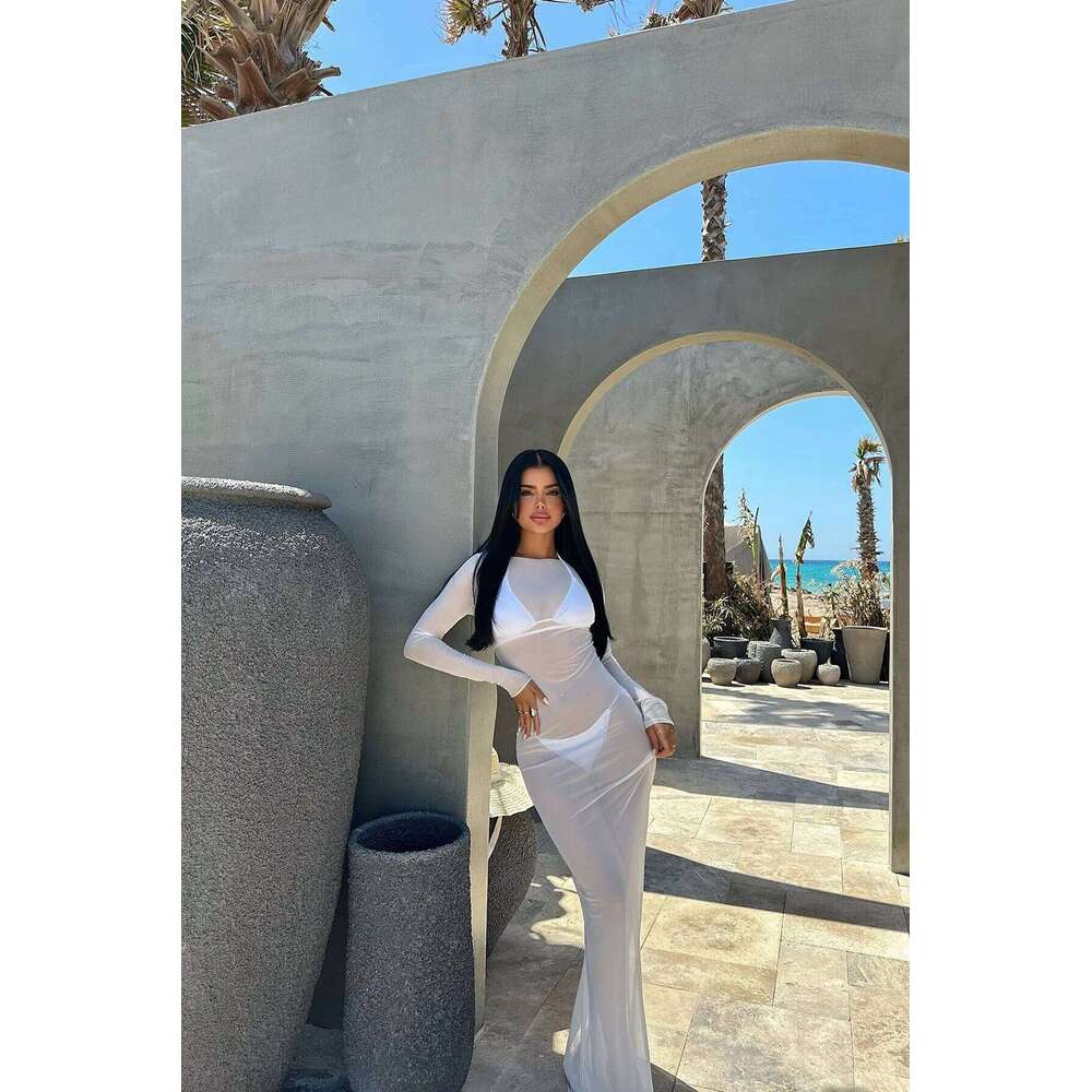 Women's Sexy Floor-Length Solid See Through Long Sleeve Maxi Dresses 2025 Fashion Beach Swimsuit Cover C260312