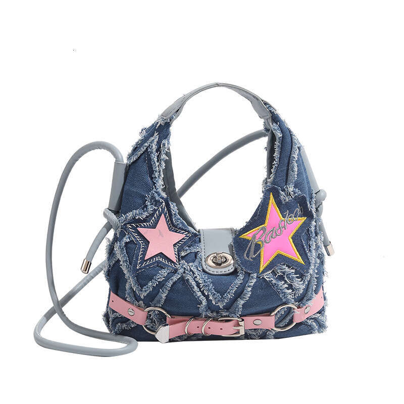 CHARHP&KEJNT Genuine 2026 New Hot Girl Pink Five-Pointed Star Patch Design Frayed Edge Denim Crossbody Bag