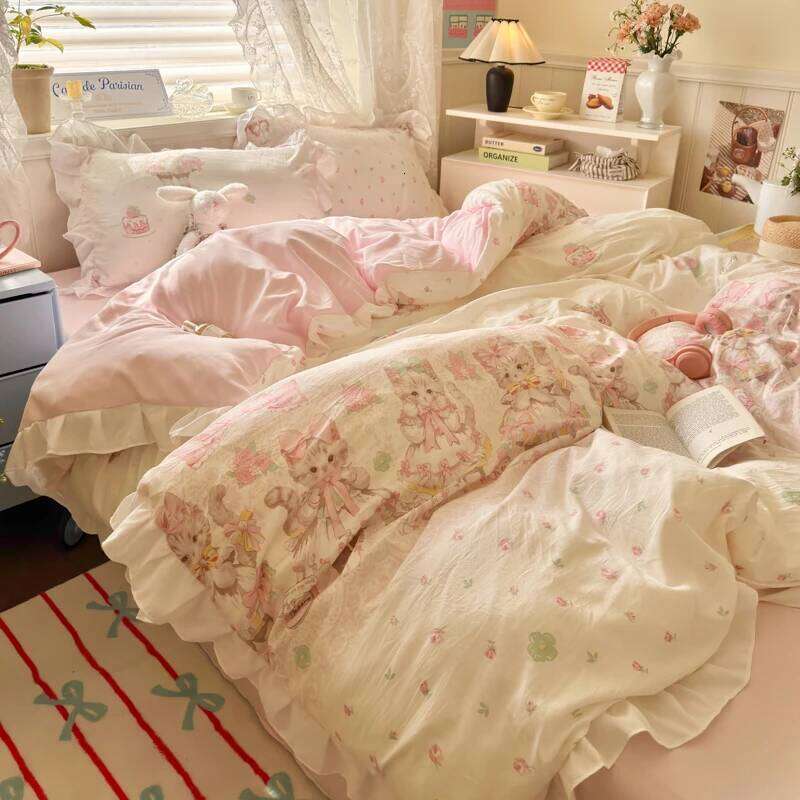 4Pcs Floral Cute Single Double Queen Bedding Girls Princess Style Ruffle Duvet Cover Set Flat Bed Sheet Pillowcases H260312