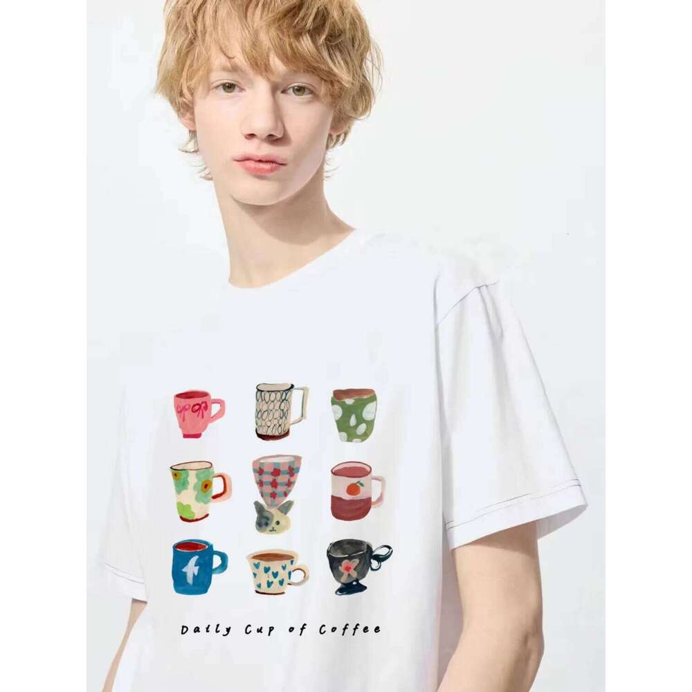 Daily Cups Coffee Print Crew Neck T-Shirt, Casual Short Sleeve Top For Spring & Summer, Women's Clothing Z260312