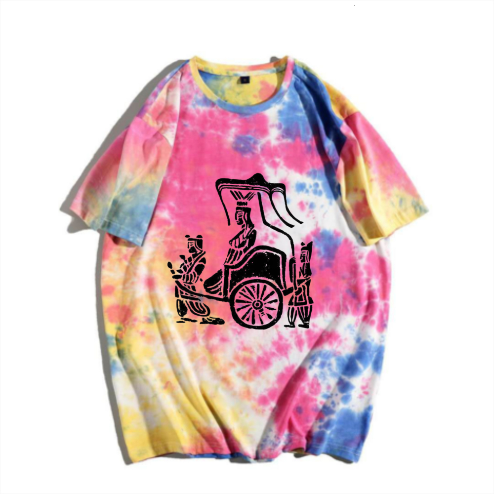 China-Chic New Chinese Style Horse and Wagon Tie Dyed Short Sleeve T-shirt Rainbow Gradual Change Han Dynasty Portrait Stone Print Men's Summer V