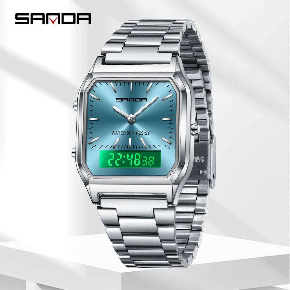 SANDA 747 Men's Quartz Digital Waterproof Casual Fashion Wear-resistant Stainless Steel Couple Strap Square Watch