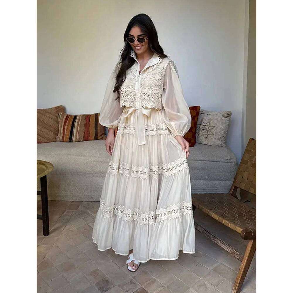 Elegant Hollow Out Women's Long Dresses Lantern Sleeves Lace Up Pearl Single Breasted Dress 2025 Spring Summer Female Solid Robe C260312