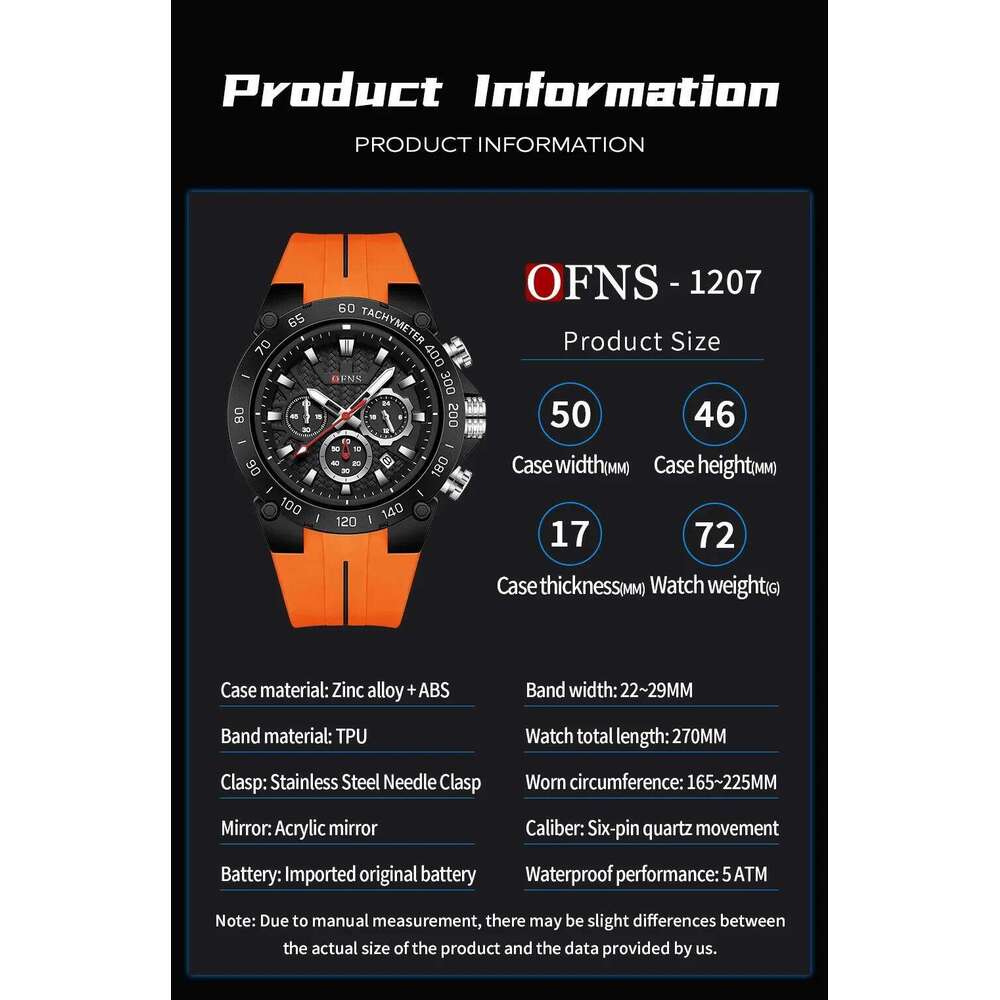 OFNS 1207 Men's Sports Three Eyes Six Needles Multi functional Luminous 5ATM Waterproof and Drop resistant Student Watch