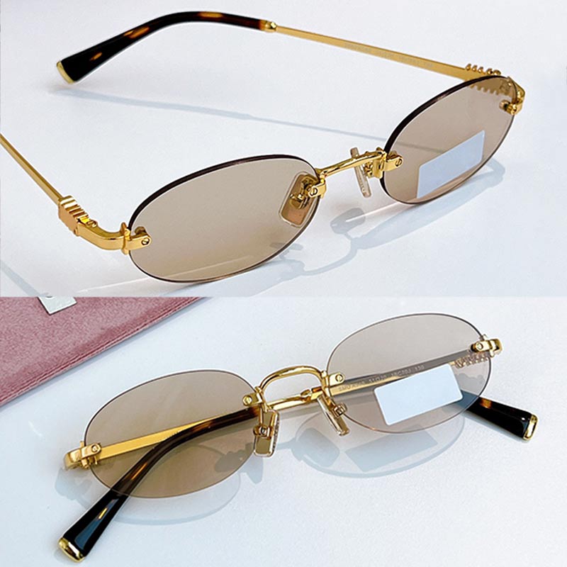 Womens designer frameless sunglasses SMUA54 fashion women oval metal sunglasses light colored rimless lenses light gold metal frame outdoor casual eyewear