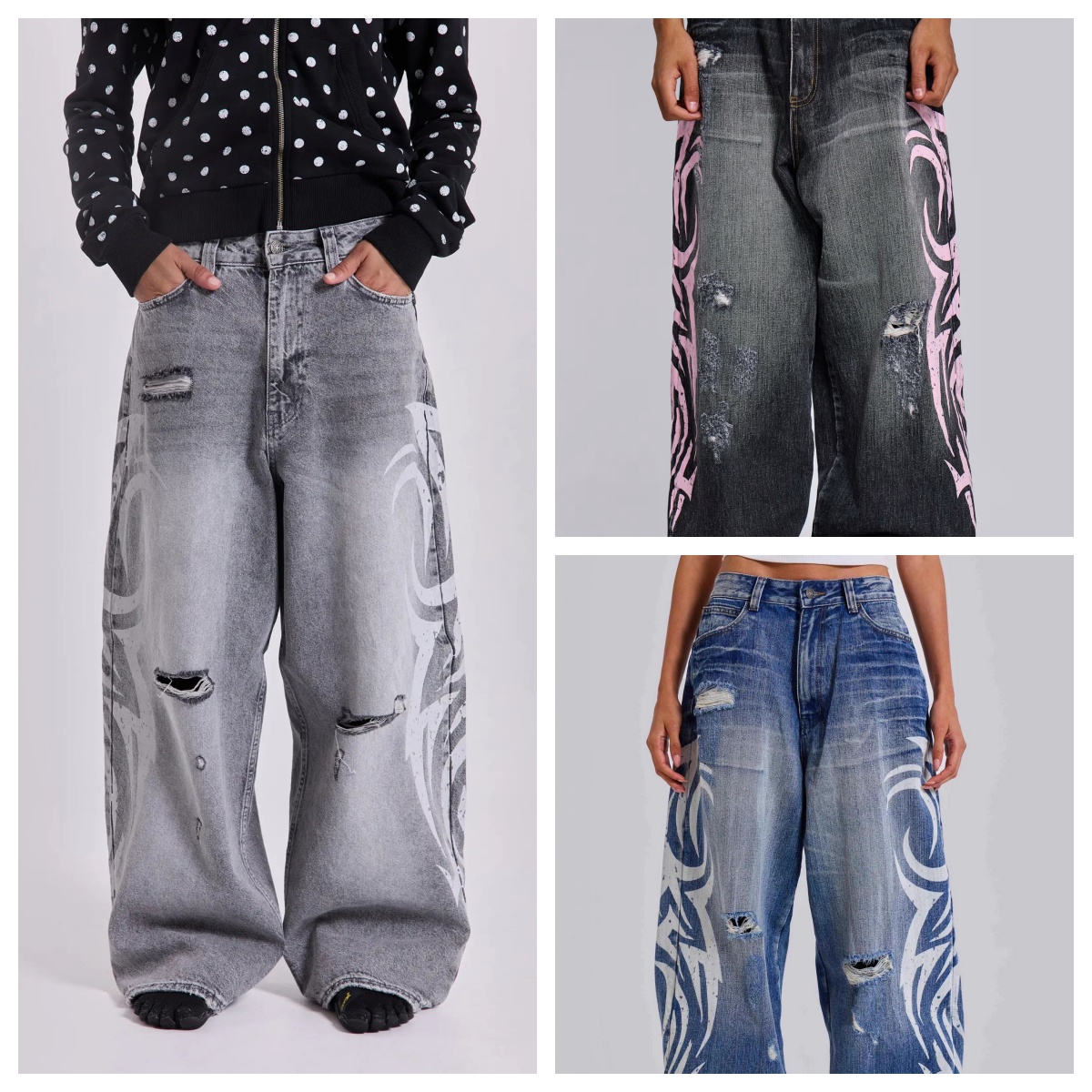 Men's American Graffiti Printed Jeans Casual Fashion Harajuku High Street Vintage Pant Loose Fit Retro High Waist Wash Ripped Jeans