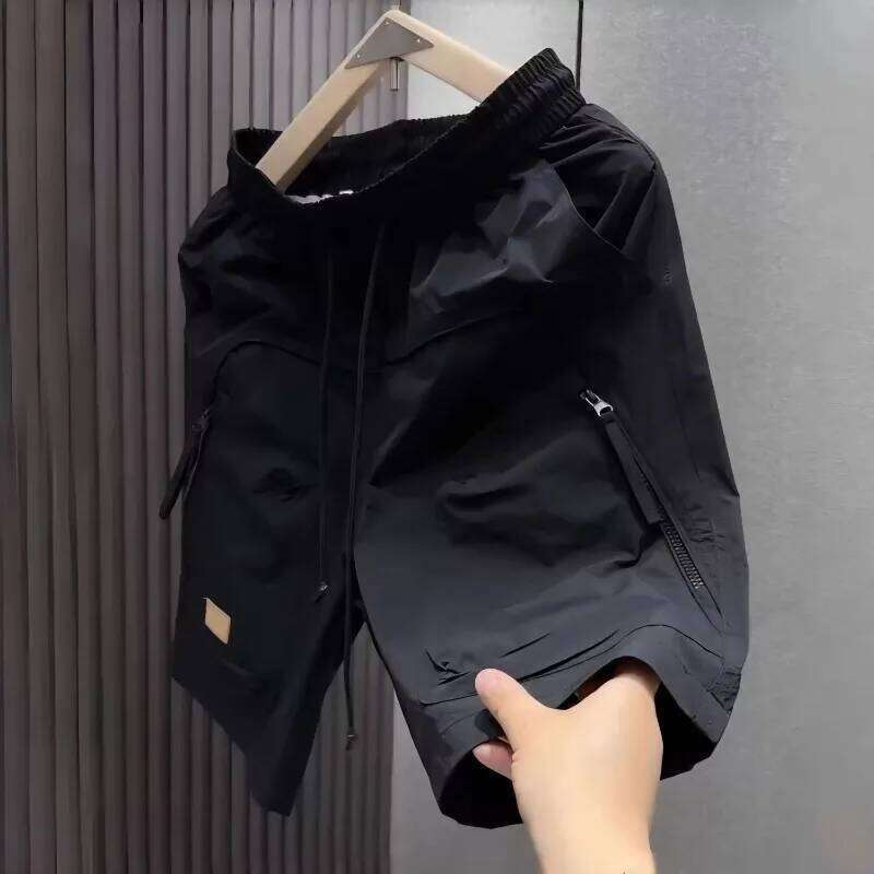 Casual Cargo Men's Multiple Zipper Pockets Loose Straight-Leg Midpants Quick Drying Oversize Elastic Waist Beach Shorts