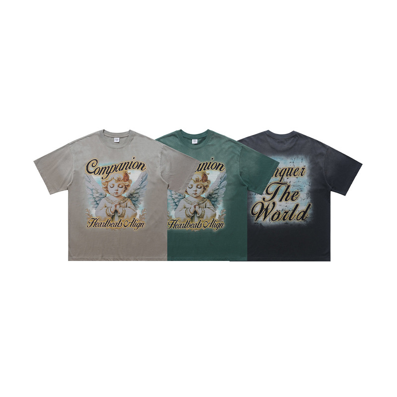American streetwear brand distressed washed English prayer-themed angel child print T-shirt
