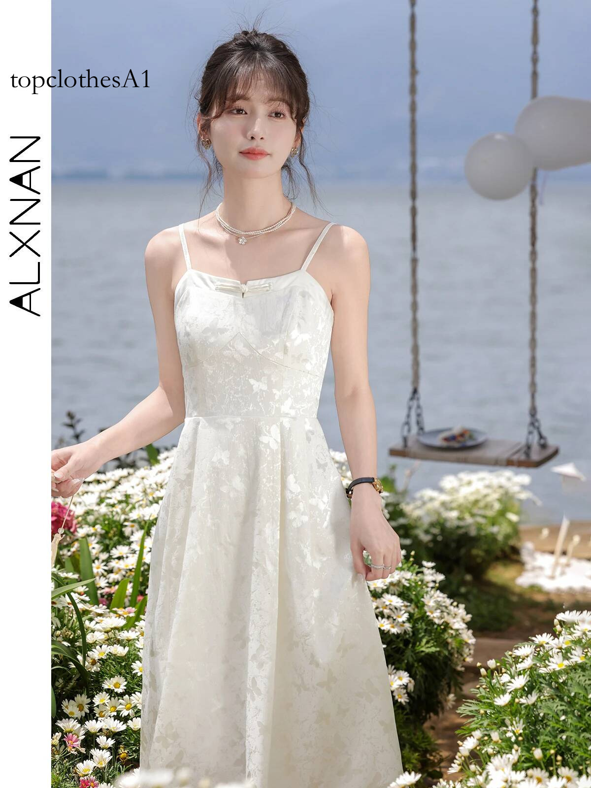 ALXNAN Strap Printed Dresses for Women 2026 Sleeveless A-line Midi Elegant Dress Holiday Beach Fashion Female Clothing L37703