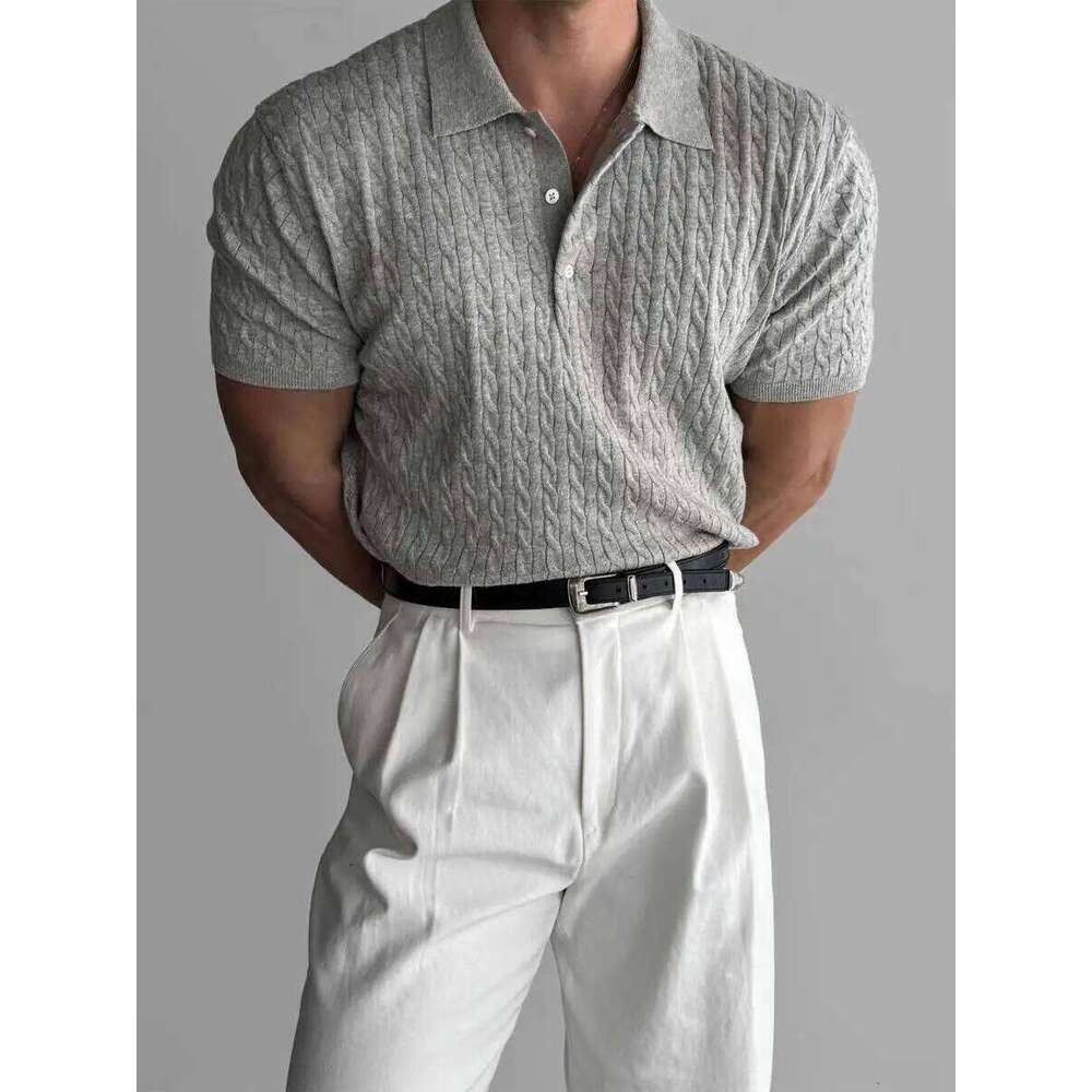 American Sle Hard Man Knitted Irt Muscle Men Slim Fit Elastic Ort Turn-Down Collar Sweatirt Tight Sve ...