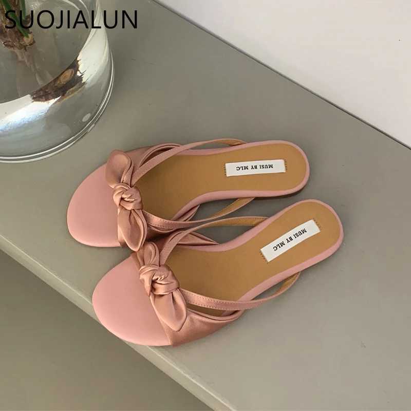 SUOJIALUN 2023 Summer New Women Slipper Fashion Bow-knot Slip On Ladies Sandal Shoes Flat Heel Outdoor Casual Dress Slide K260312
