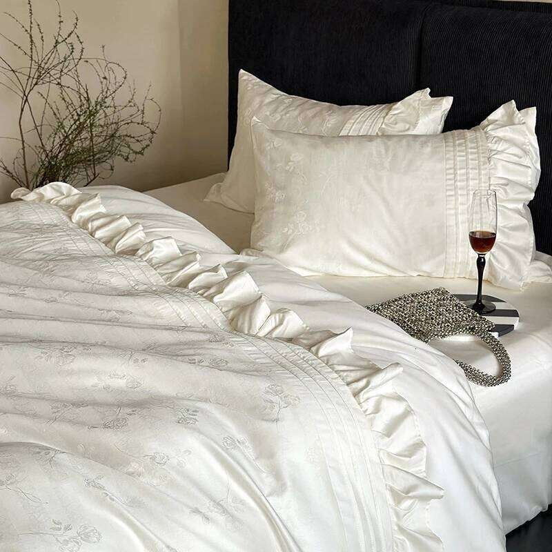 4Pcs Vintage Rose Jacquard Egyptian Cotton Ruffles Bedding Set Queen King Size Duvet Cover Bed Sheet/Fitted Sheet Pillowcases H260312