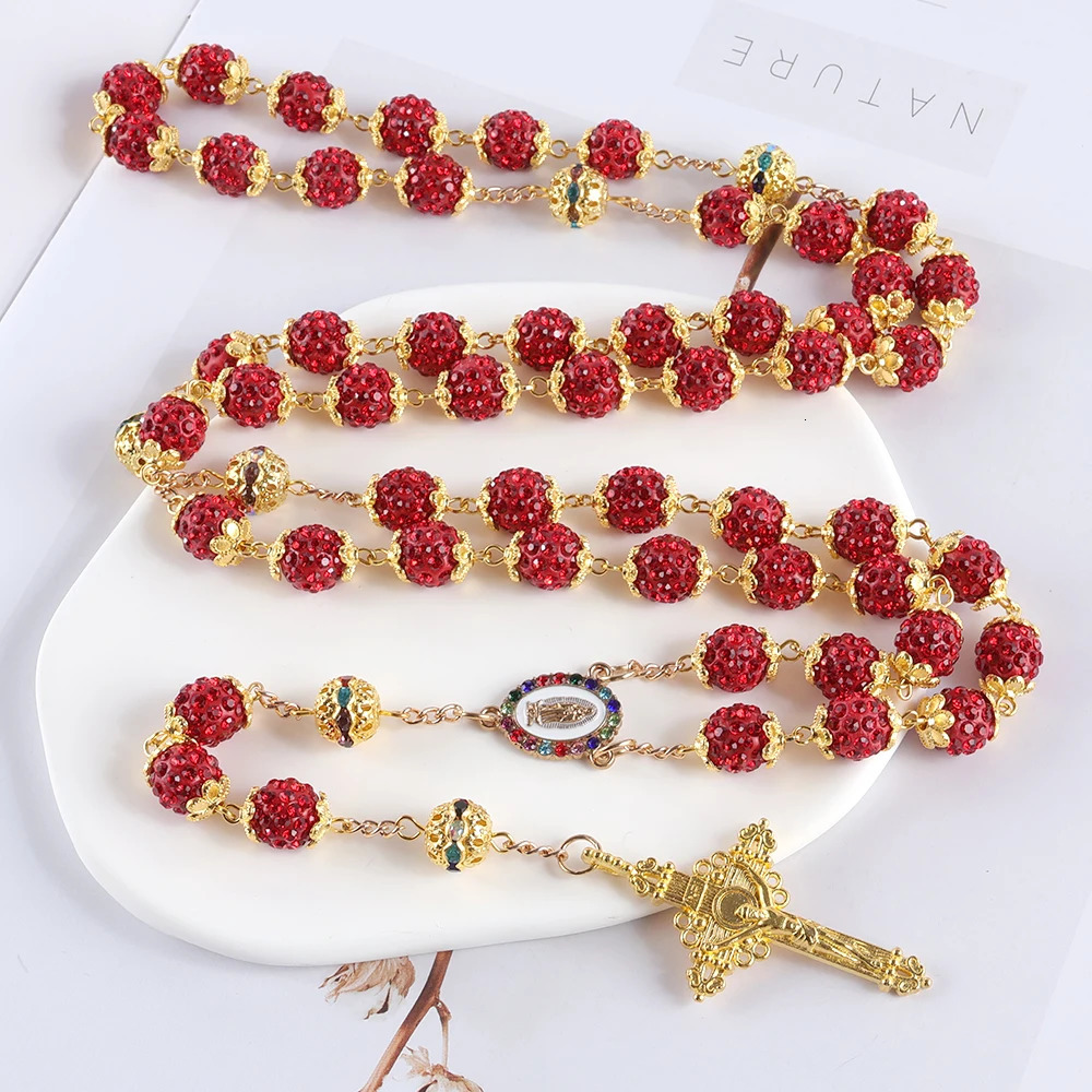 2025 Vintage Catholic 10mm 59 Crystal Rhinestone Beads Cross Necklace 260311