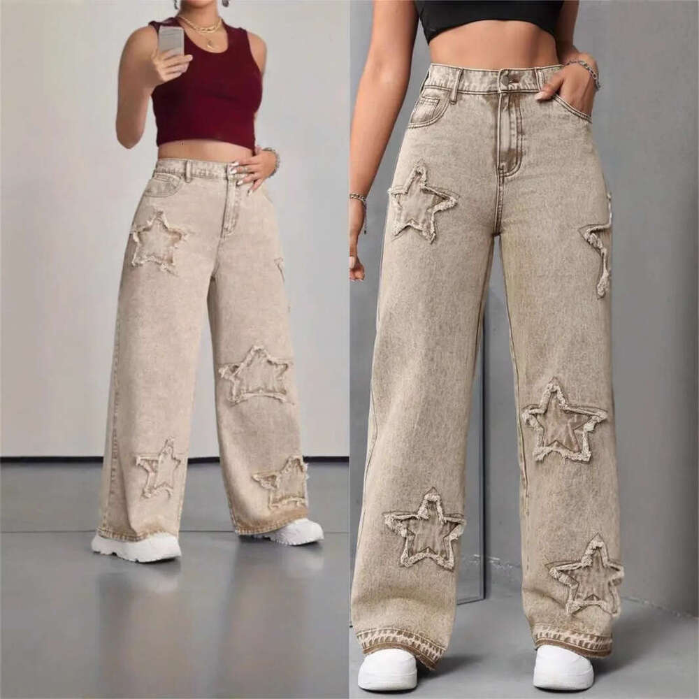 Women'S Denim Wide-Leg Jeans, Embroidered Star Details, Raw Edges, Straight-Leg Jeans, Non-Stretch Denim With Slant Pockets