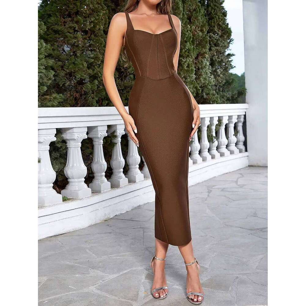 Dark Brown Long Strap Sleeveless Bodycon Bandage Sexy Fashion Women's Summer Celebrity Evening Party Dress Vestidos C260311