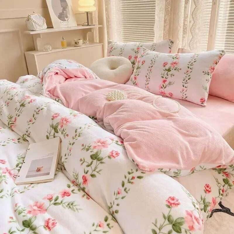 Super soft flannel double-sided bed sheet large coral fleece duvet cover thick warm velvet plush 4-piece set H260312