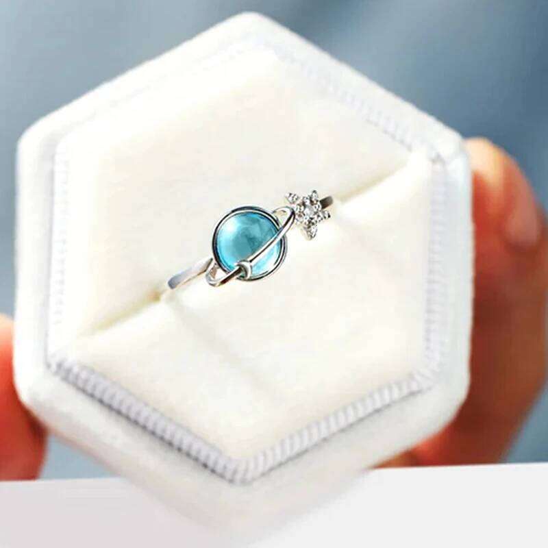 Huitan Blue Planet and Silver Color Star for Women Uniquely Designed Creative Opening Rings Fancy Cute Party Jewelry Gift H260312
