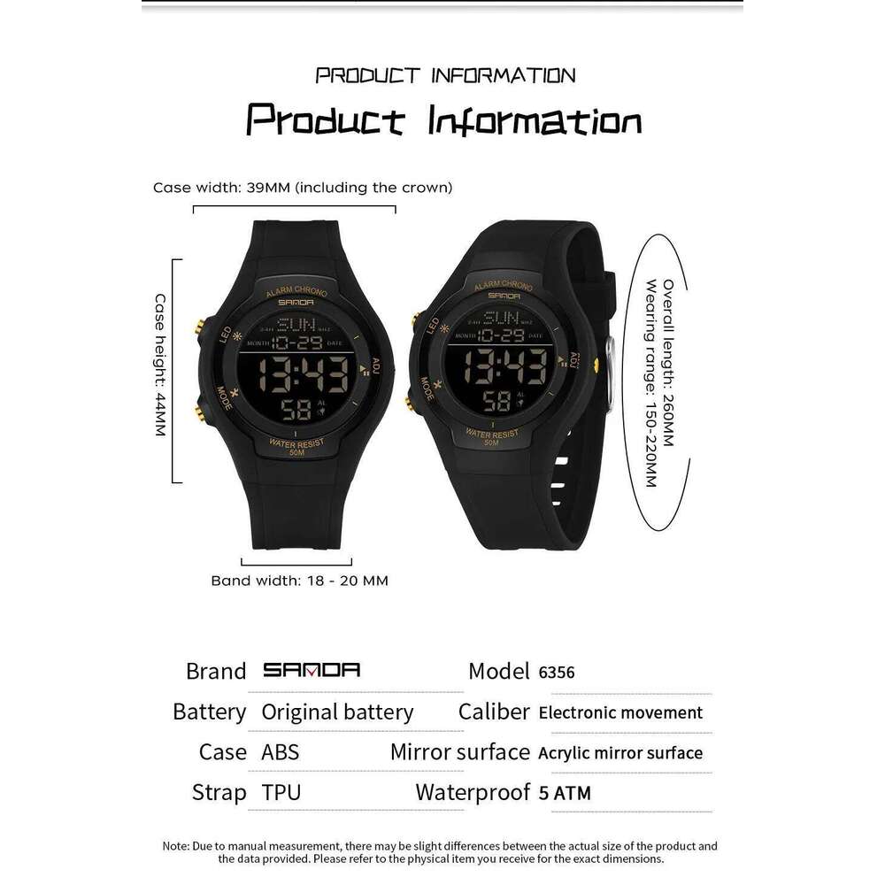 SANDA 6356 Sports Electronic Watch 5ATM Waterproof Luminous Light and Thin Multi functional Timing Alarm Clock Student Watch2026
