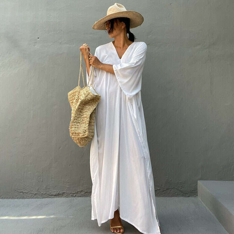 New European and American style rayon solid color cover-up dress seaside vacations, loose-fitting bikini swimsuit robe for women