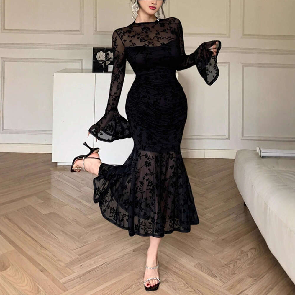 French Niche High-End Flared Sleeve Sexy Mesh Flocked Bodycon Mermaid Dress Elegant Versatile Evening Gown