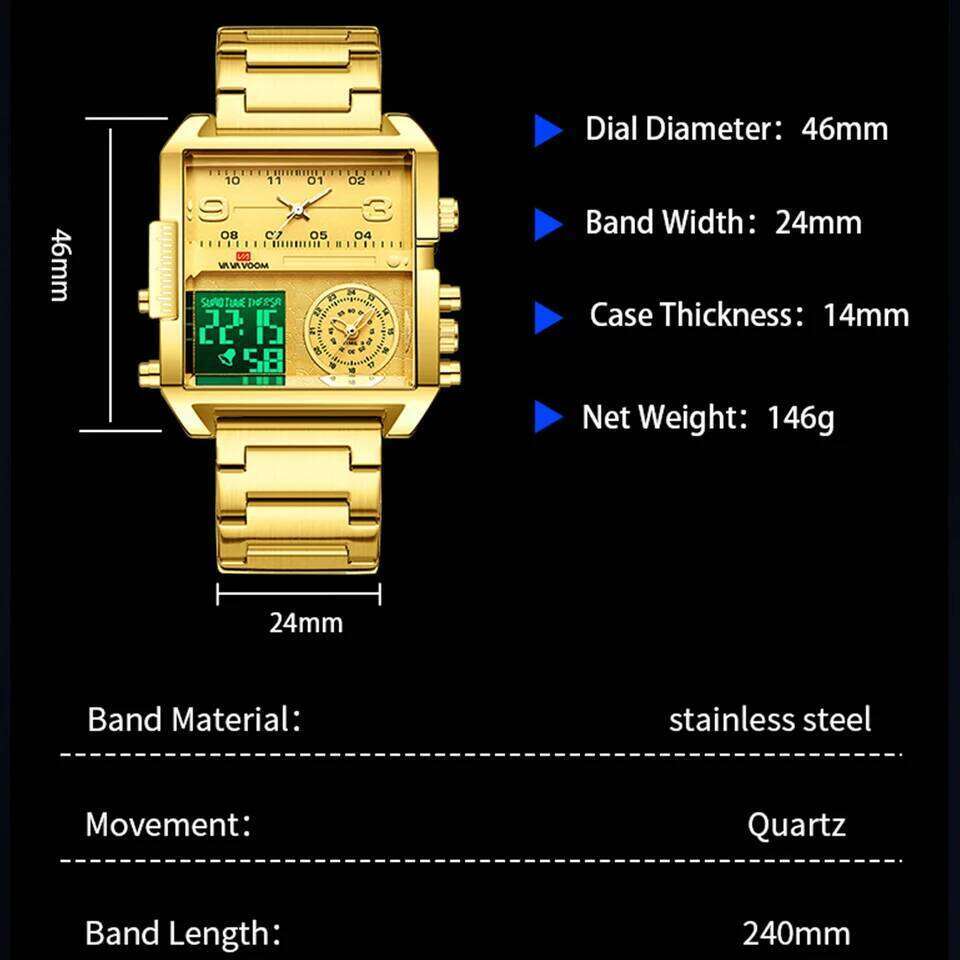 2025 New LED Fashion Square Creative Quartz Movement Black Stainless Steel Waterproof Timing Electronic Watch for Men