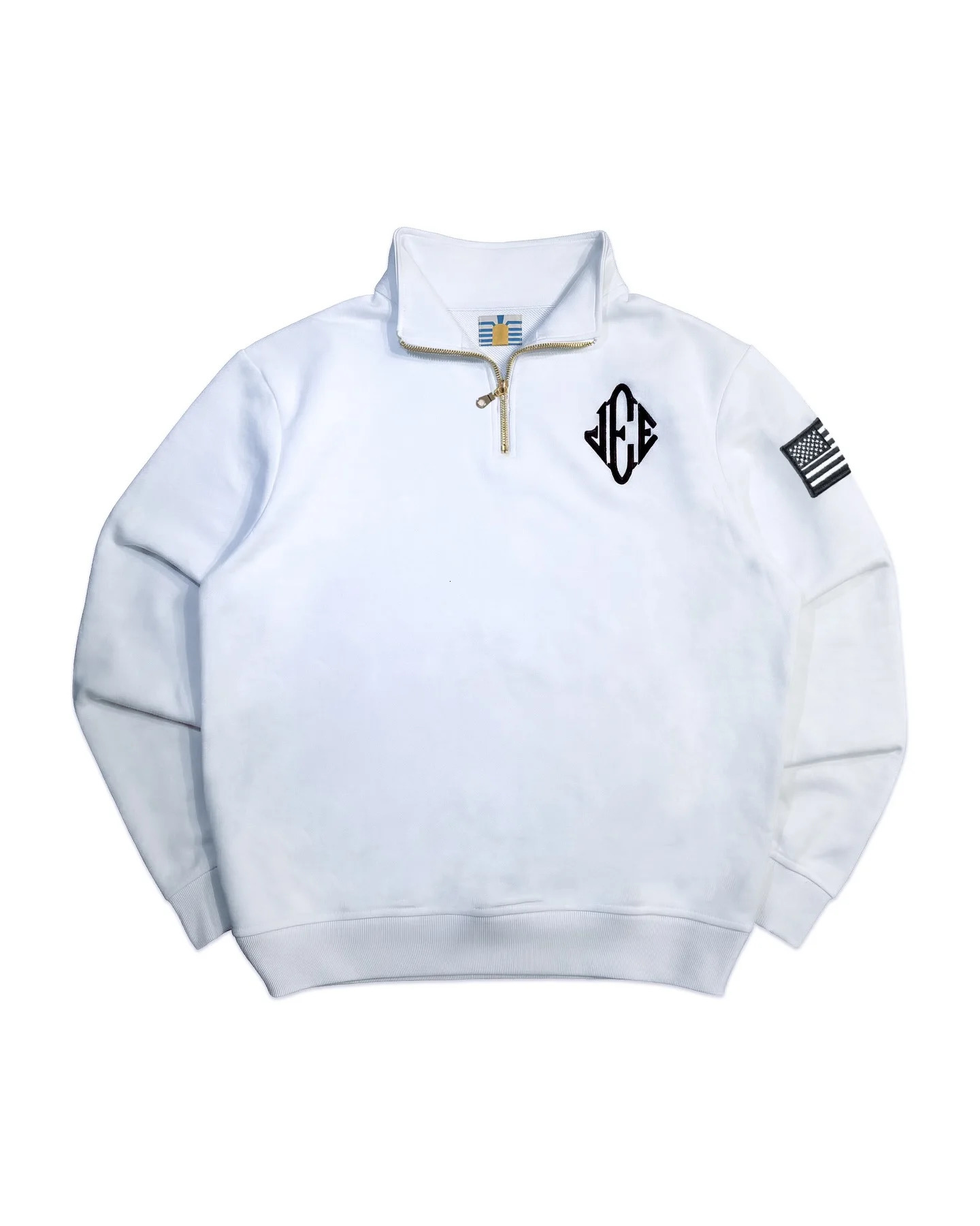 Y2K America Retro Embroidery Pullover White Quarterzip Stand Collar Polo Shirt Sweatshirt Casual Men Clotheing 260228
