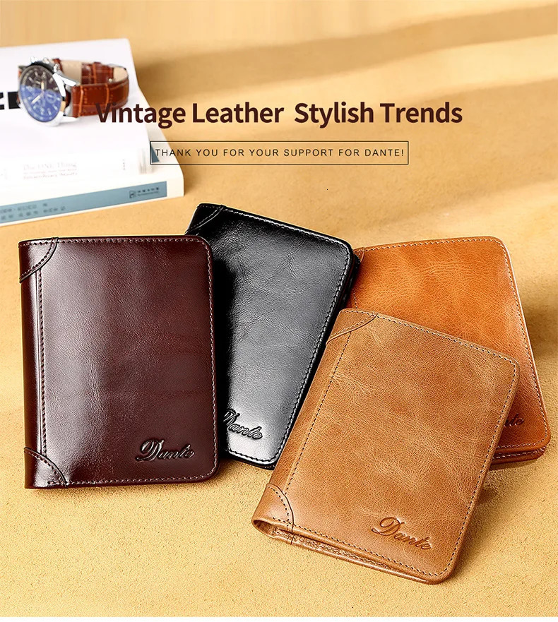 Dante Mens Leather Wallet RFID Anti-theft Brush Head Layer Cowhide Retro Casual Vertical Multi-Function Money Bag Money Clips 260304