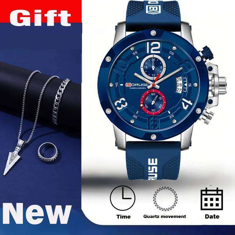 4 PCS SET BORUSE Luxury & Triangle Spearhead Necklace Set, Mens Quartz Waterproof Watches Business Silicone Watch