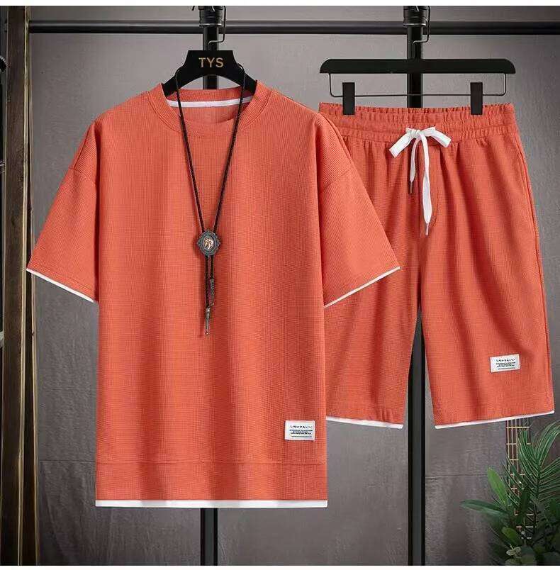 Waffle Men's Summer Short Sleeve And Two Piece Sets Sports Casual Tracksuit Men Comfortable Cool Shorts Oversized Set