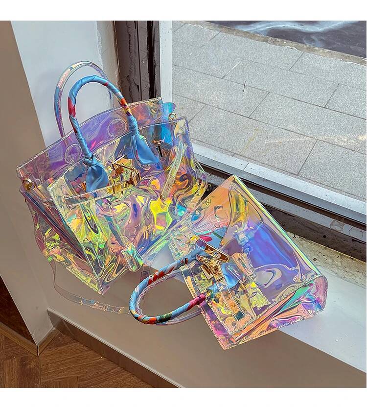 Laser Sympony Hologram Holographic Locker Sweet Handbags Cool Chic Colorful Shoulder Bags Valentine's Day Gift Golden Metal part