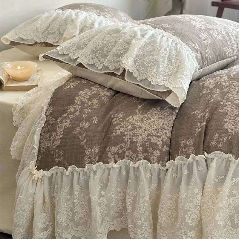 4Pcs Vintage French Floral Printing Lace Ruffles Bedding Set 100% Cotton Duvet Cover Flat/Fitted Sheet Pillowcases Home Textile H260312