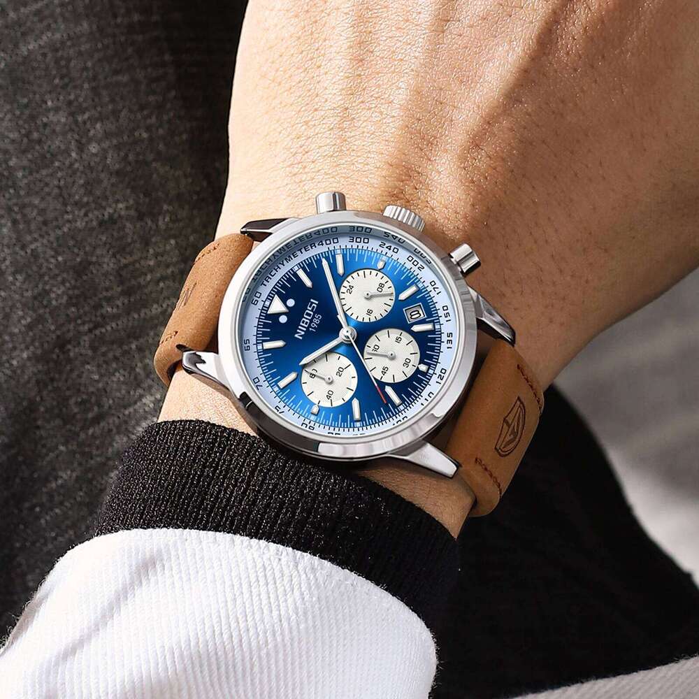 NIBOSI Fashion Watches for Leather Band Casual Business Men Chronograph Large Luminous Analog Quartz Wrist Watch Reloj