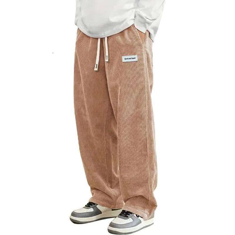 New Mens Corduroy Casual Fashion Loose Fit Baggy Pants Straight Sweatpants Elastic Waist Drawstring Outdoor Streetwear