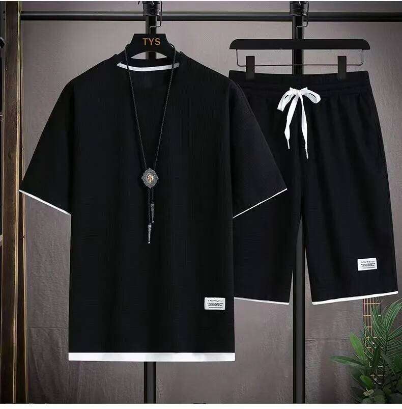 2026 new Summer Men's Waffle Sets Casual T-Shirt And Shorts Set Male Sports Suit Solid Color Tracksuit Loose Suits