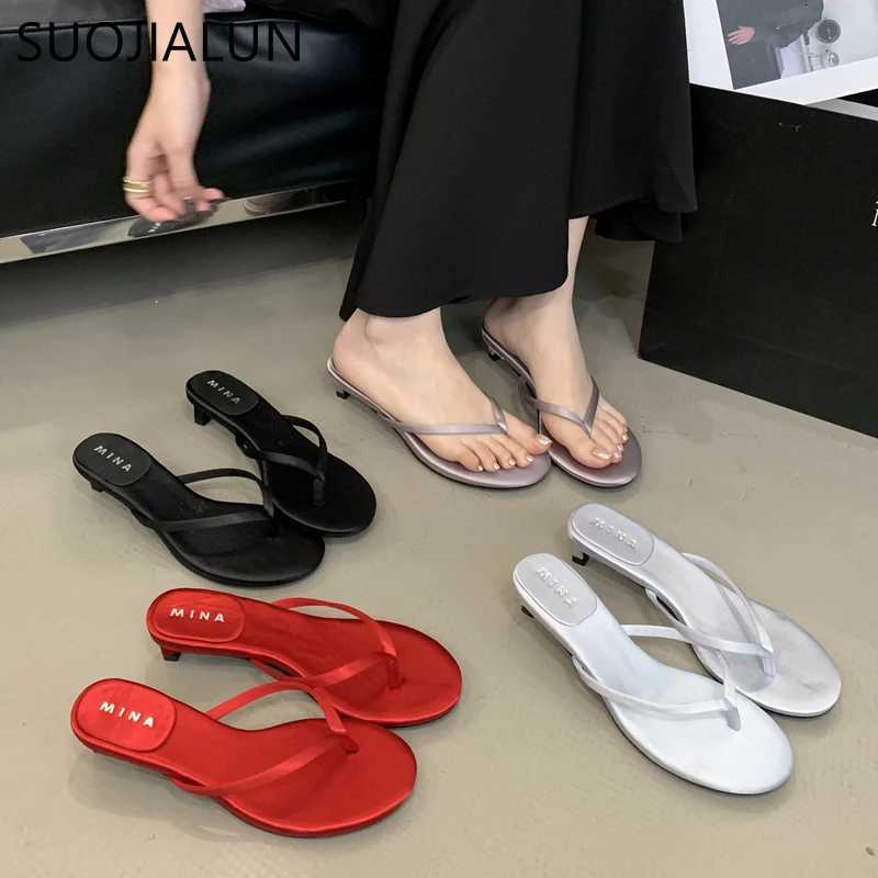 SUOJIALUN 2025 Summer New Slipper Fashion Narrow Band Slip On Flip Flop Shoes Thin Low Heel Outdoor Dress Sandal Slides Sh K260312