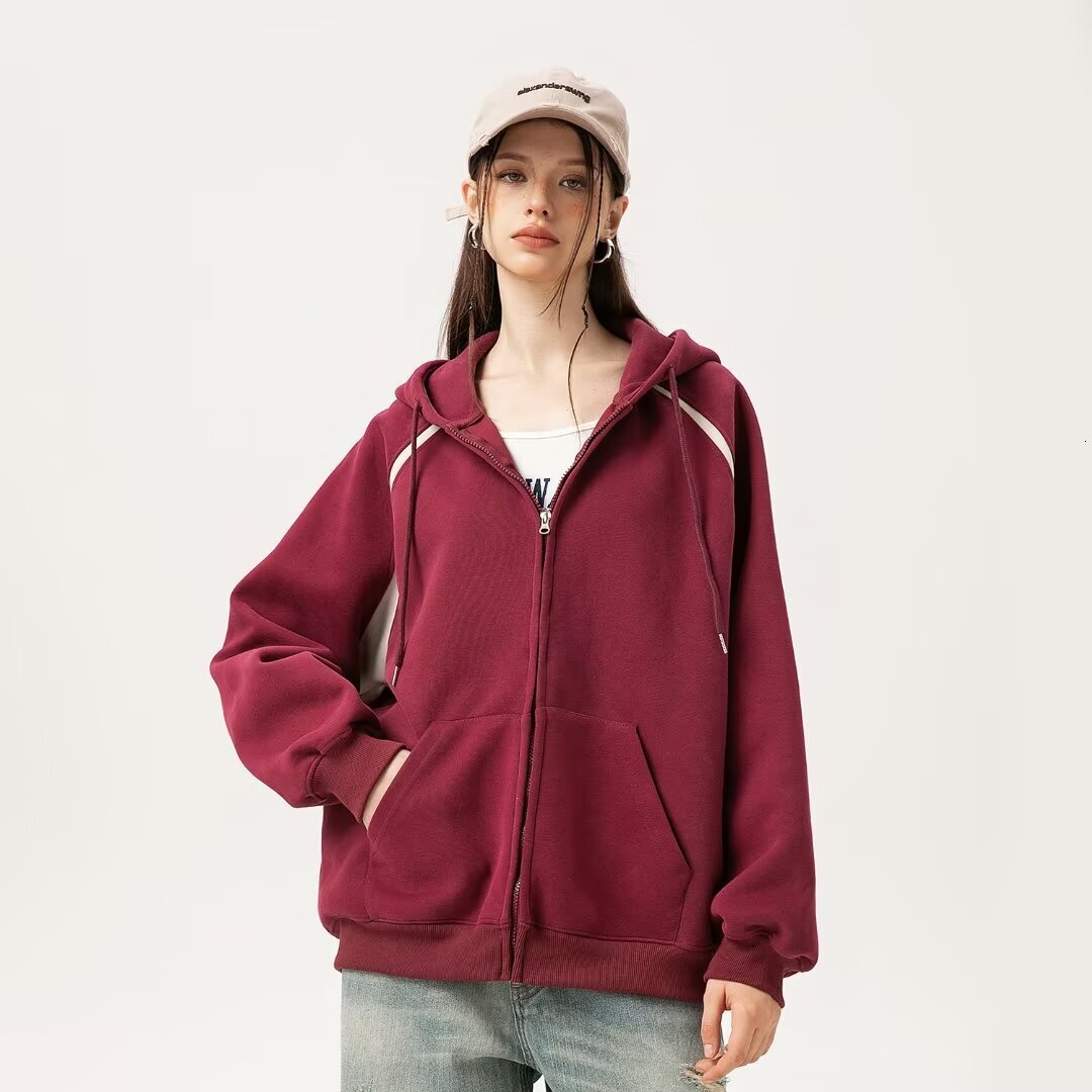 Heavyweight 380g Composite Cotton Raglan Sleeve Color-block Hooded Zipper Sweatshirt Designer Hoodie Men's College Style Loose Jacket Unisex