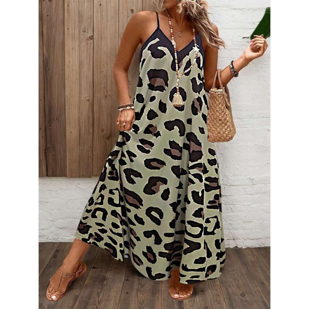 2026 Hot-Selling Summer Fashion Casual Beach European and American Cross-Border V-Neck Strap Printed Dress for Women