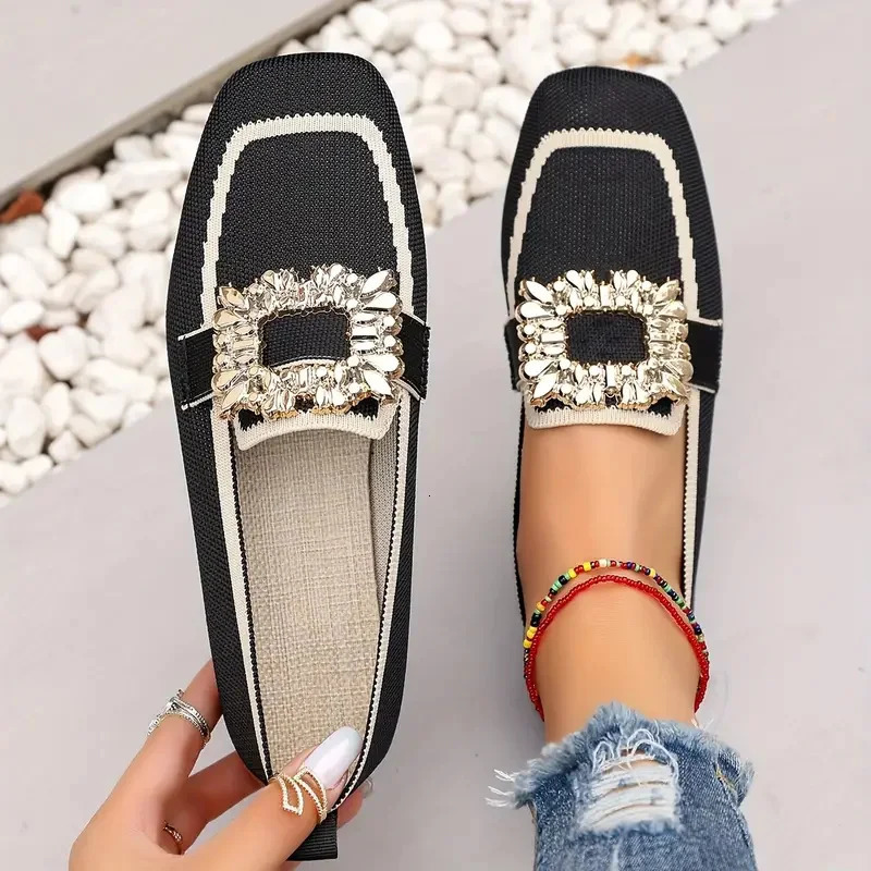 Women Flats Spring 2026 Large Size Flat Loafers Shoes Women Knitting Slip-on Square Head Breathable Fashion Shoes for Women 260227