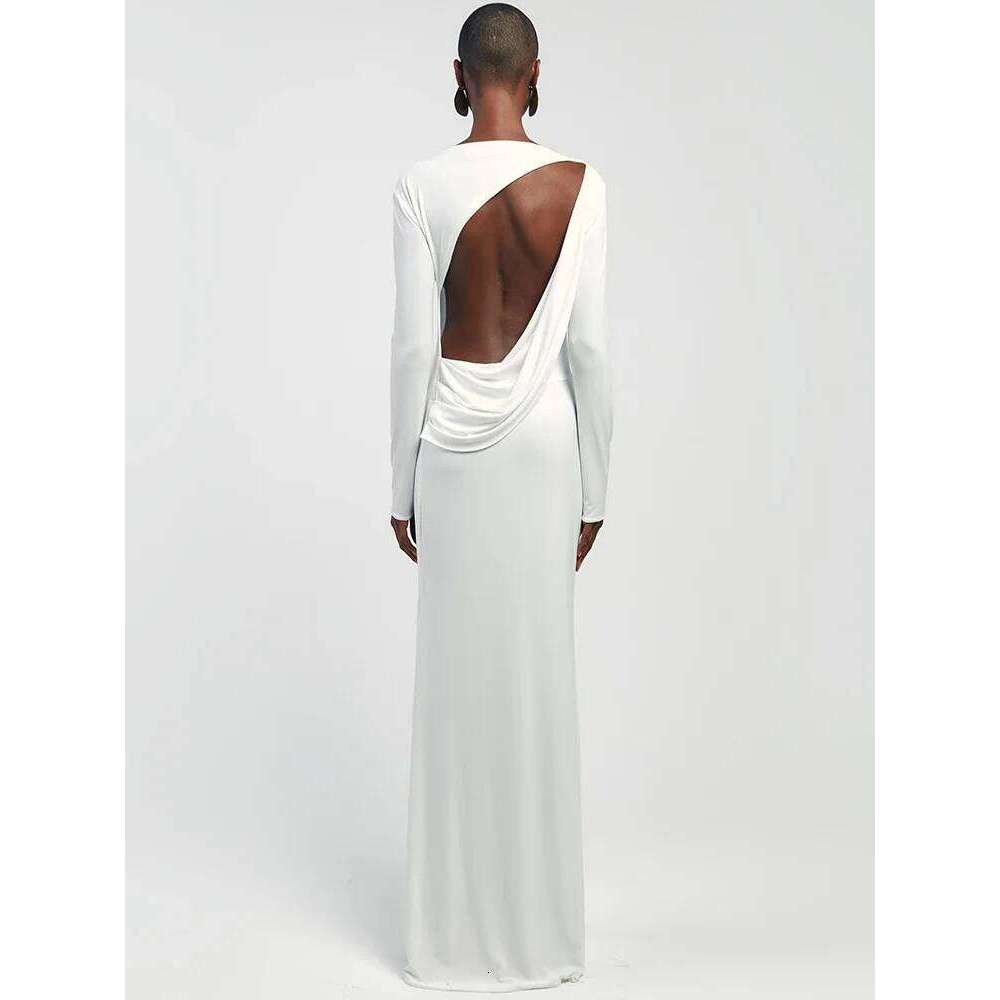 Backless Sleeve Sexy Maxi Women Gown Autumn Winter New High Waist Pleated Club Party Long Dress Elegant C260312
