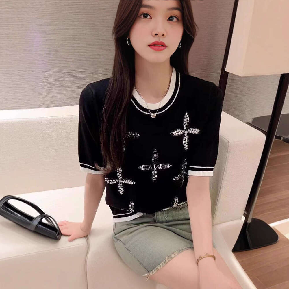New Model Ice Silk Short-Sleeve Knit For Women, Summer New Style, Heavy-Duty Beaded And Rhinestone-Embellished Casual Thin Top