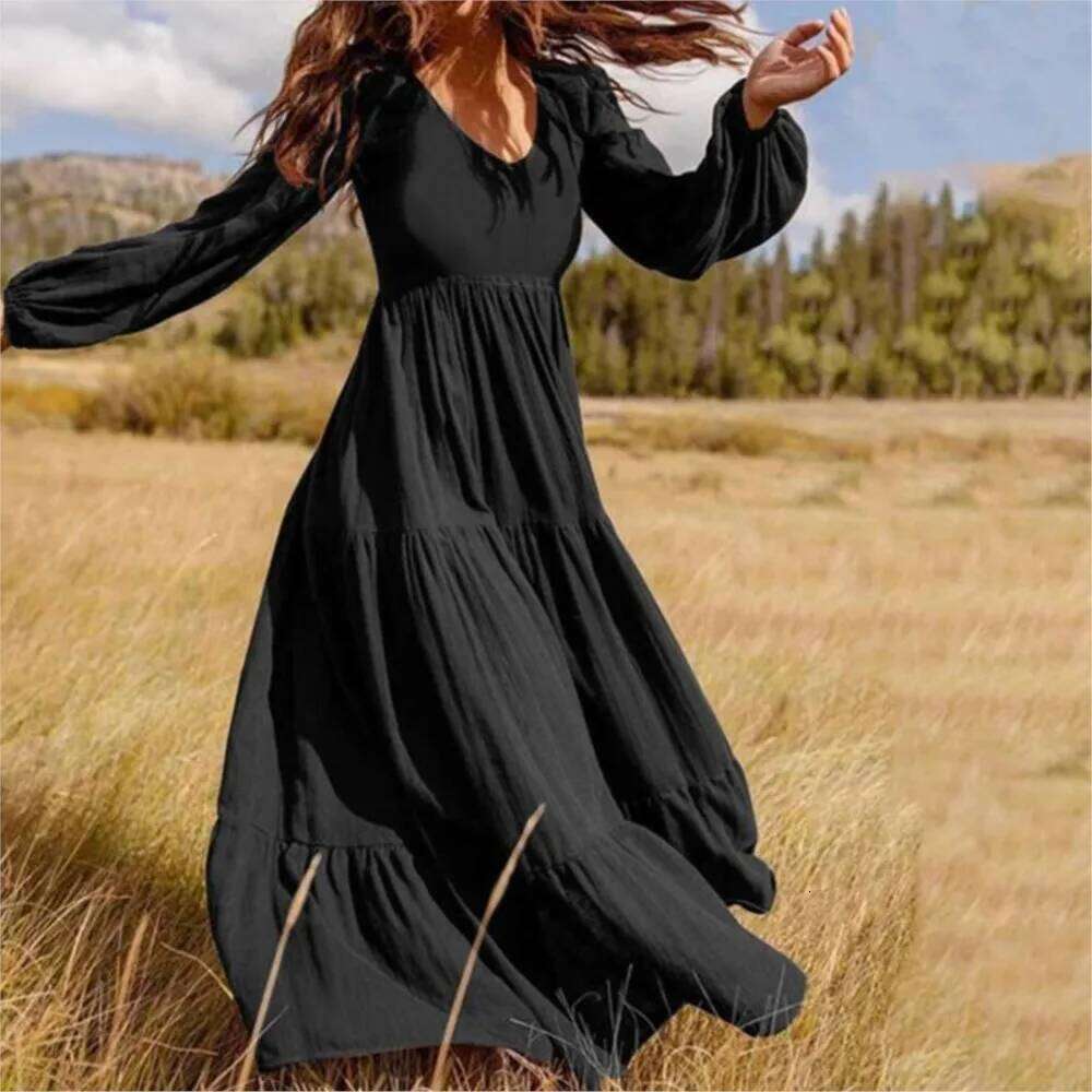 Elegant V-neck High Waisted Ruffle Spliced Long Autumn Streetwear Women's Large Swing Dress 2024 Femme Robe C260312