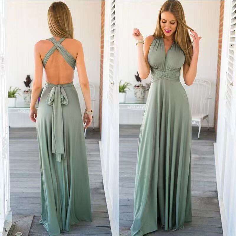 New Cross-Border European And American Style Solid Color Versatile Sexy Tie Red Long Gown Bridesmaid Dress