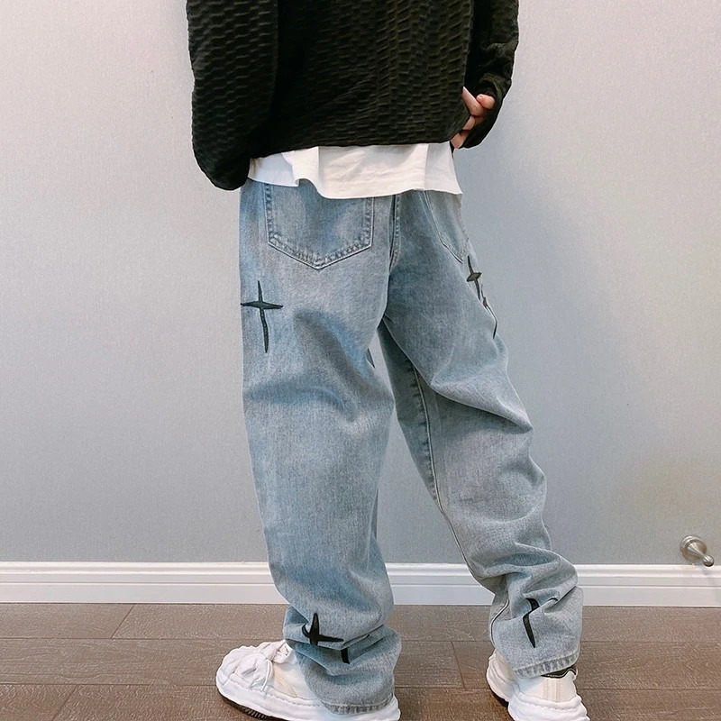 Prints Jeans Men Streetwear Baggy Wide Leg Jeans Korean Fashion Drapes Straight Casual Loose Denim Cargo Pants 260310