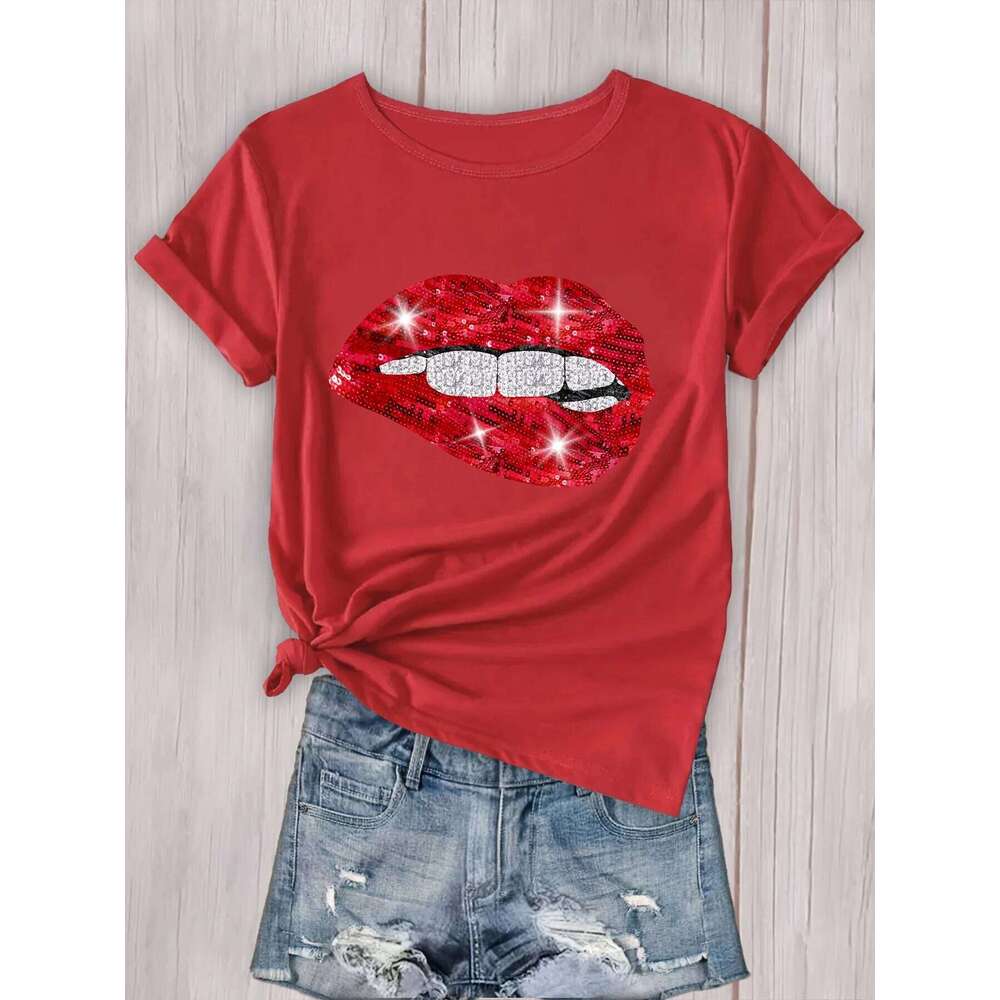 Sexy Lips Print Crew Neck Short Sleeve T-Shirt, Casual Sport Tops, Women's Clothing Z260312