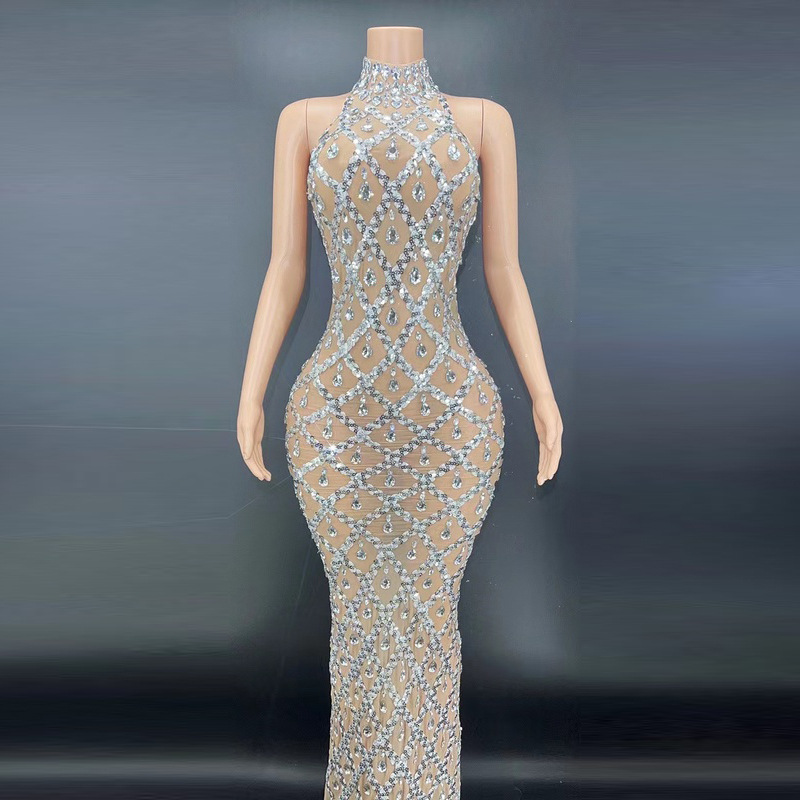 Basic & Casual Dresses Transparent Long Dress Evening Birthday Celebrate Luxurious Costume Sparkly Silver Big Rhinestone Dancer Flashing Dress