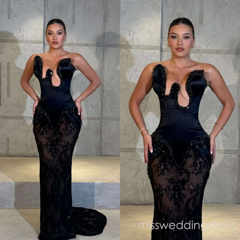 Fashion Mermaid Lace Evening Dresses Beading Strapless Prom Illusion Sleeveless Party Dress Customized Vestidos de noche Plus Size
