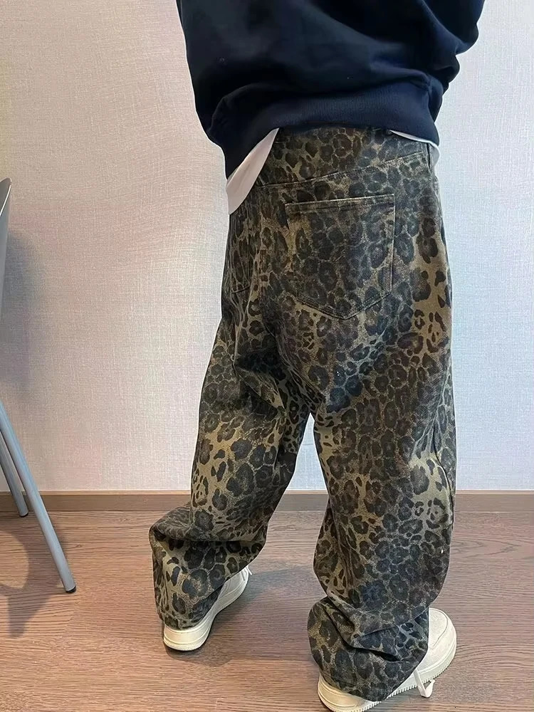 Autumn Tan Leopard Jeans Men Denim Pants Male Oversize Wide Leg Trousers Streetwear Hip Hop Vintage Loose Casual Animal Print 260310