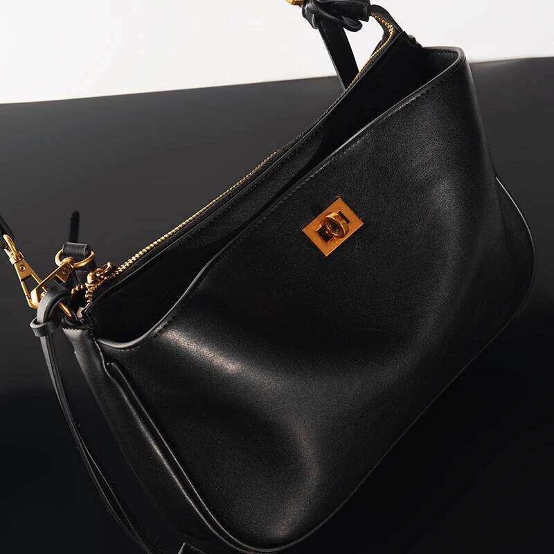 Luxury Rodeo Shoulder Cowhide Leather Brand Black Handbags For Women Fashion Gold Silver Buckle Design Underarm Bags TIANOUDAISHU