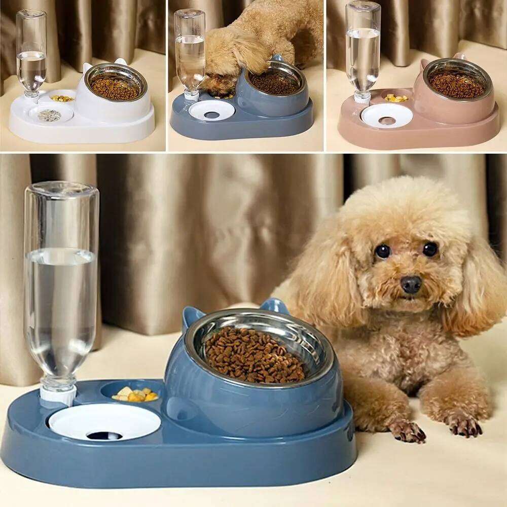 Container with Waterer Feeder 2-in-1 Dispenser Automatic Water Storage Pet Dog Cat Food Bowl 26Y0312